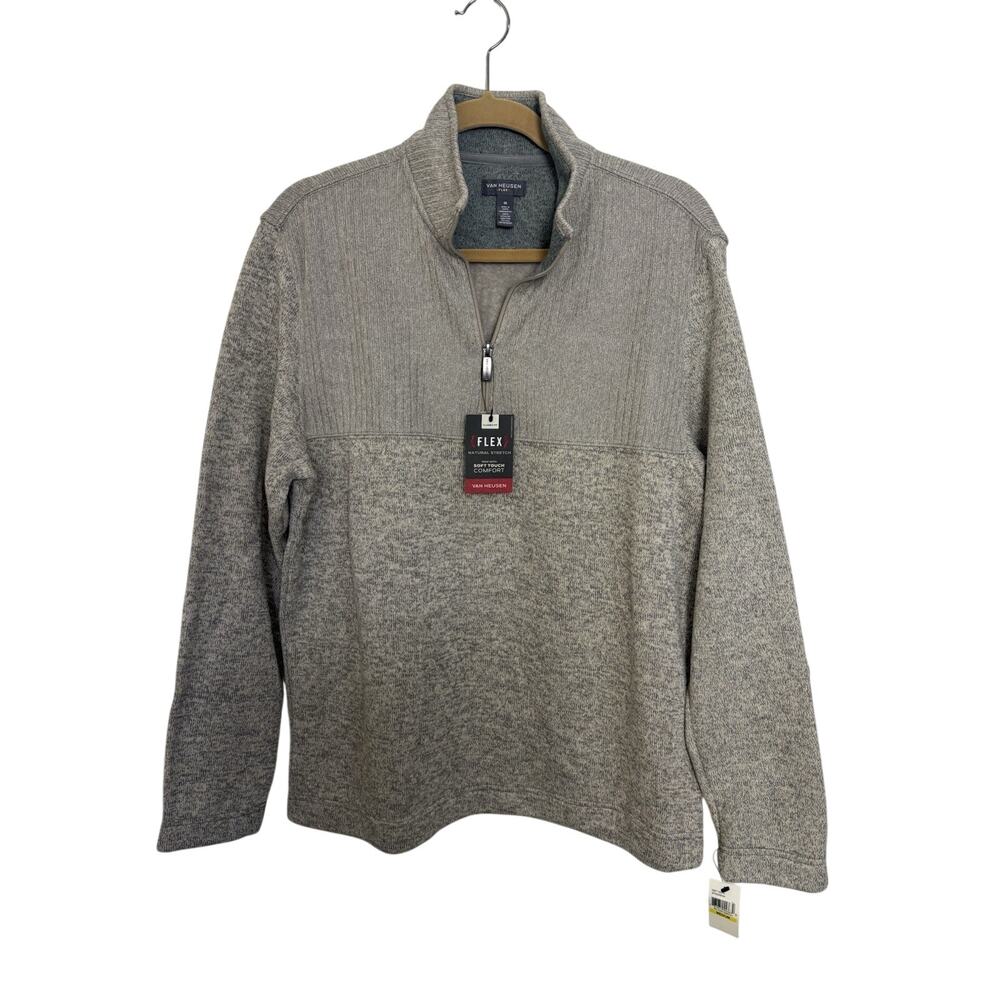 NWT Van Heusen Beige Quarter Zip Pullover Sweater Medium Flex Soft Touch Comfort